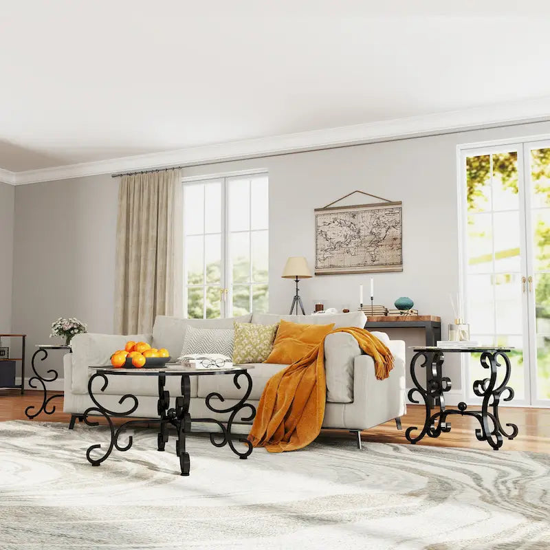 3 Piece Tempered Glass Surface Coffee Table Set, Coffee Table Round End Side Table with Sturdy Construction for Living Room