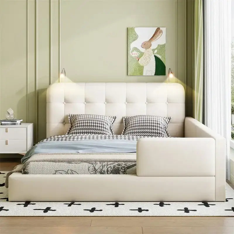 Upholstered Platform Bed with 2 Bulit-in Reading Lights, Queen Size PU Bed Frame Floor Bed with Button Tufted Design Headboard