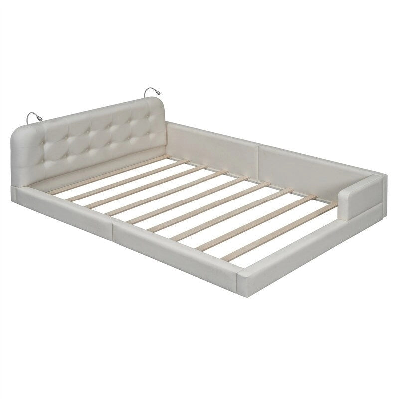 Upholstered Platform Bed with 2 Bulit-in Reading Lights, Queen Size PU Bed Frame Floor Bed with Button Tufted Design Headboard