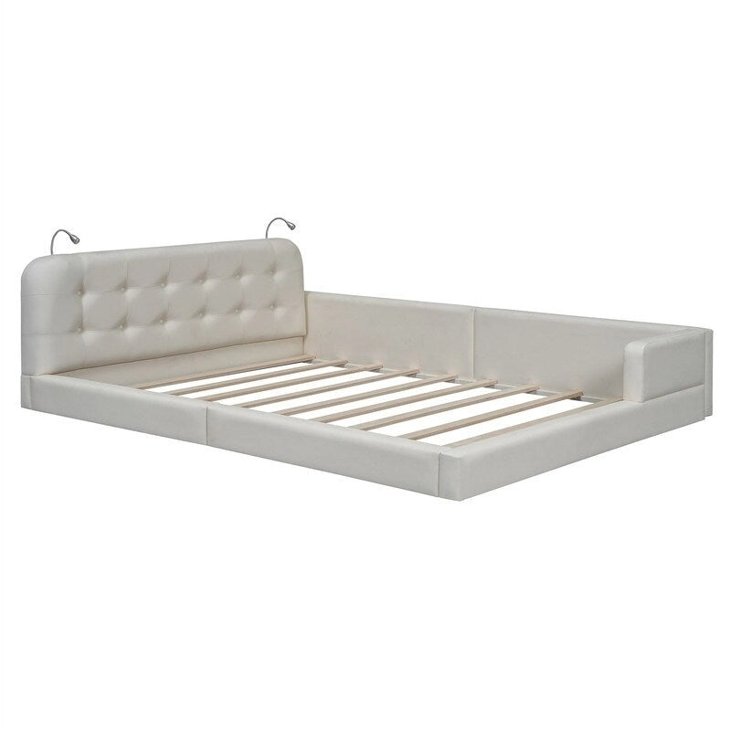 Upholstered Platform Bed with 2 Bulit-in Reading Lights, Queen Size PU Bed Frame Floor Bed with Button Tufted Design Headboard