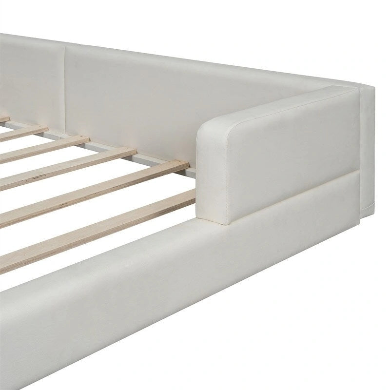 Upholstered Platform Bed with 2 Bulit-in Reading Lights, Queen Size PU Bed Frame Floor Bed with Button Tufted Design Headboard