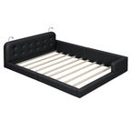 Upholstered Platform Bed with 2 Bulit-in Reading Lights, Queen Size PU Bed Frame Floor Bed with Button Tufted Design Headboard