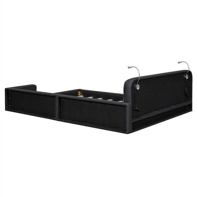 Upholstered Platform Bed with 2 Bulit-in Reading Lights, Queen Size PU Bed Frame Floor Bed with Button Tufted Design Headboard