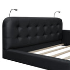 Upholstered Platform Bed with 2 Bulit-in Reading Lights, Queen Size PU Bed Frame Floor Bed with Button Tufted Design Headboard