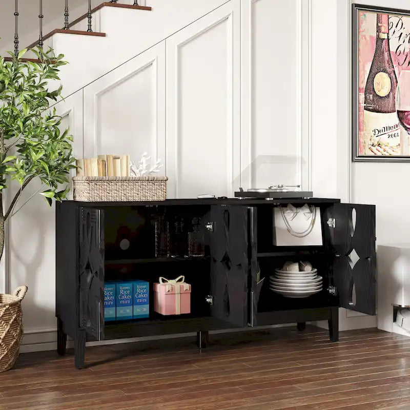 Hollow-Carved Accent Cabinet Sideboard Buffet Cabinet, 60.5 Entrance Storage Cabinet Media Console Table with 4 Doors