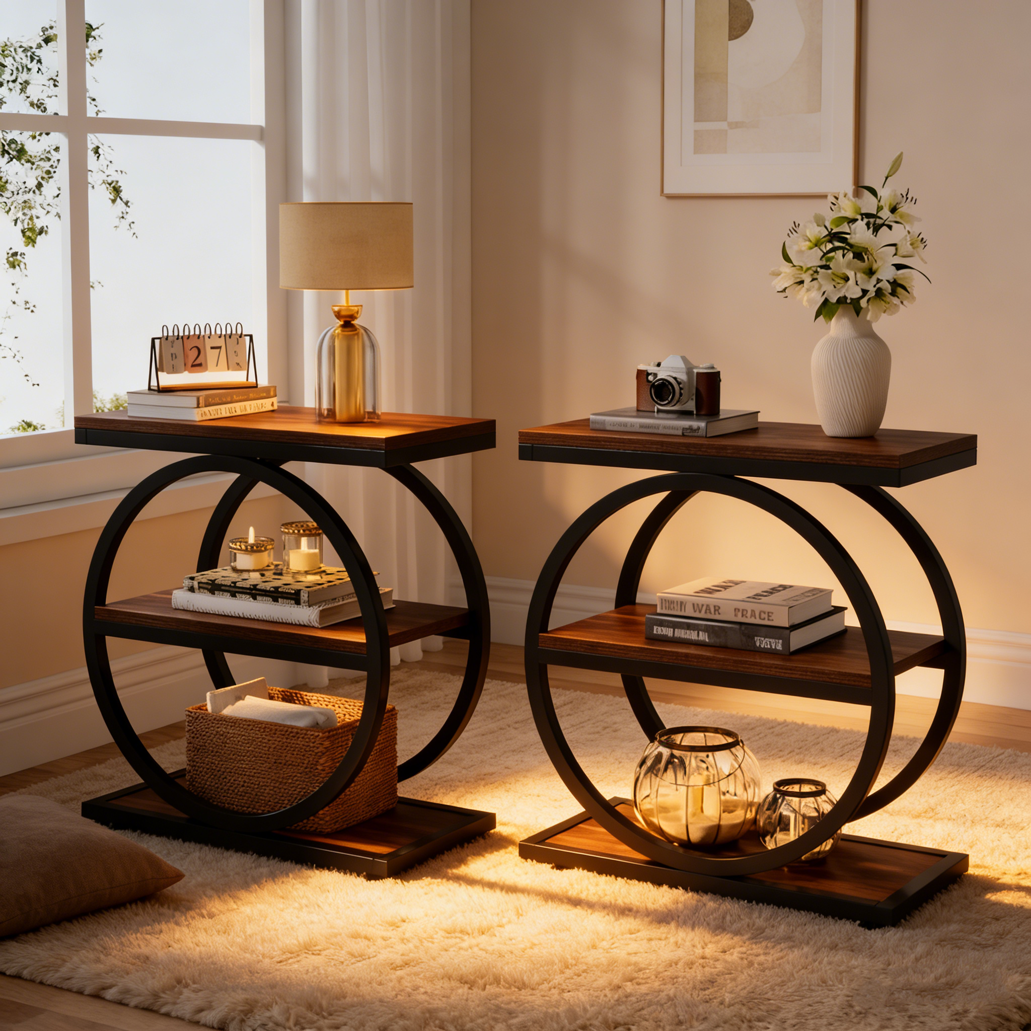 End Table with 3 Storage Shelves, Wood Narrow Side Table