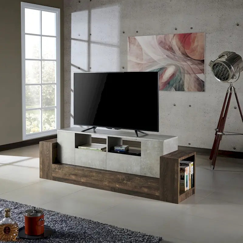 71-Inch 4-Tier Tv Cabinet In Industrial Oak And Light Gray