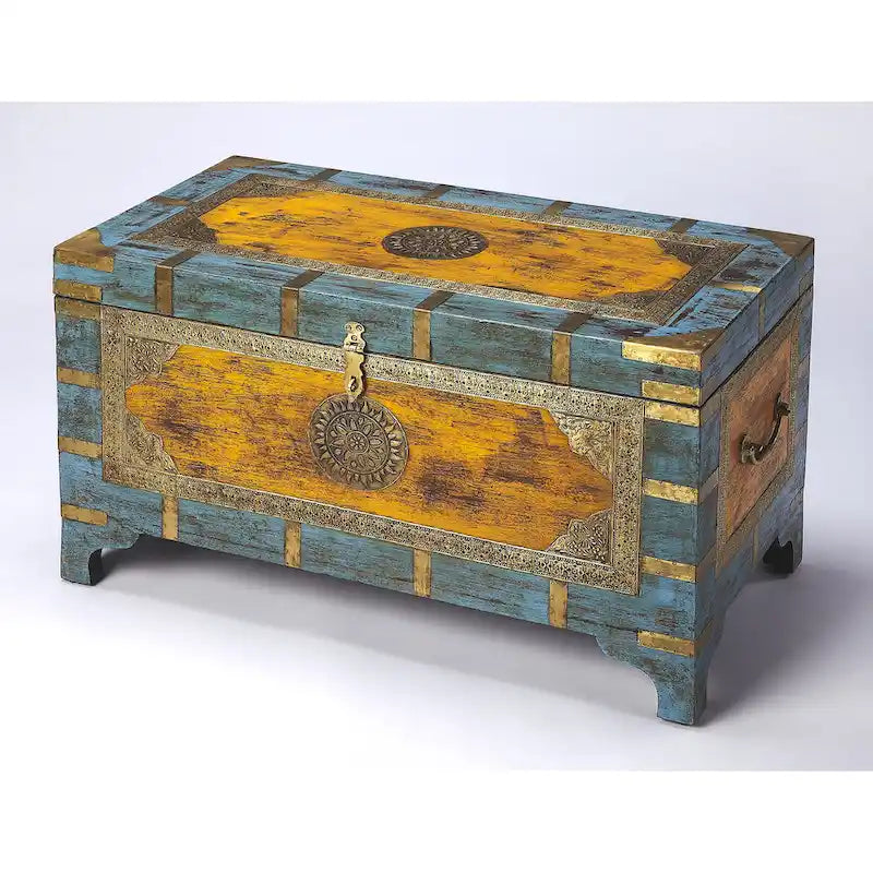 Nador Hand-Painted Brass Inlay Storage Trunk Coffee Table
