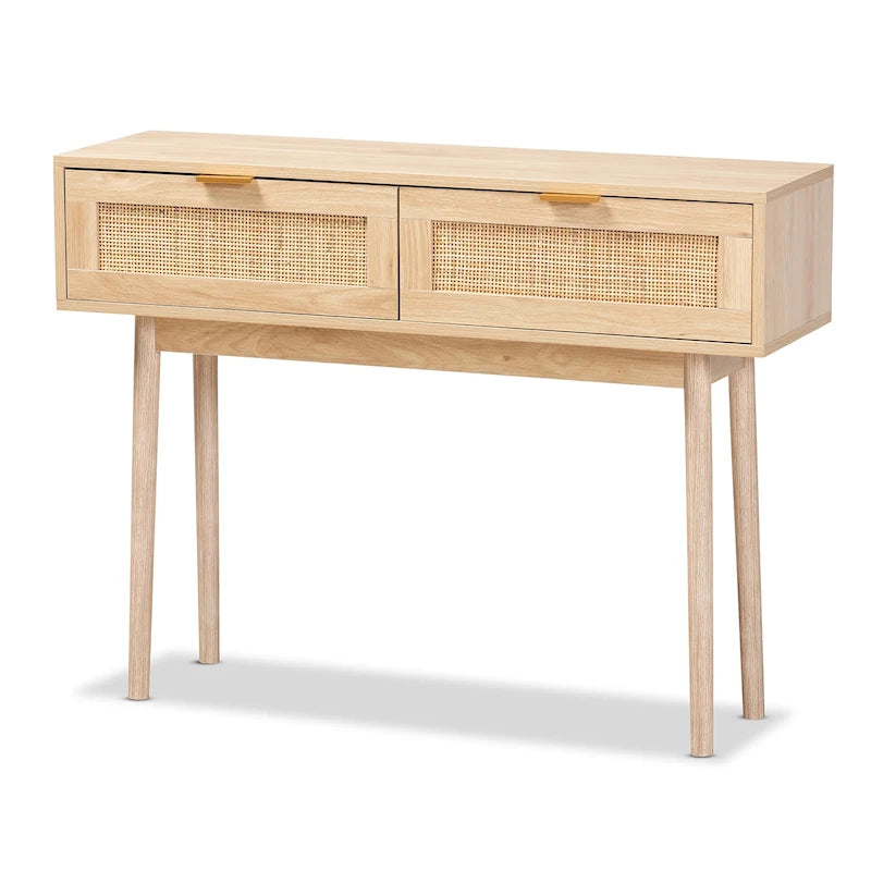 Light oak brown veneer wooden rattan double drawer console table