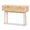 Light oak brown veneer wooden rattan double drawer console table