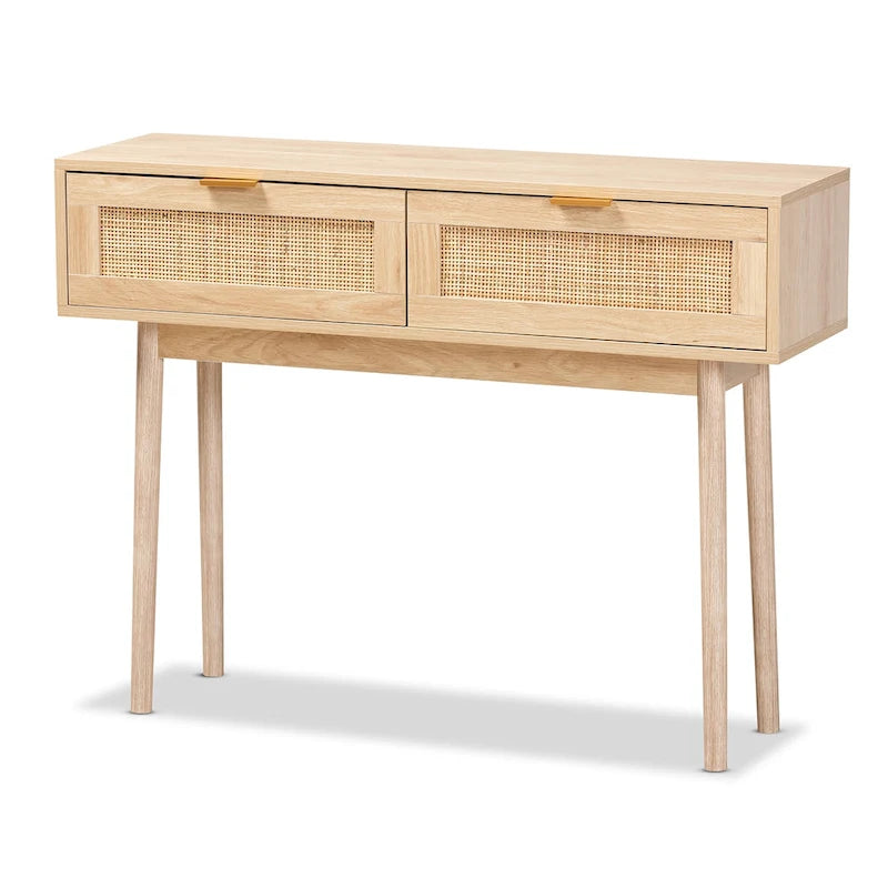 Light oak brown veneer wooden rattan double drawer console table