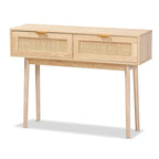 Light oak brown veneer wooden rattan double drawer console table