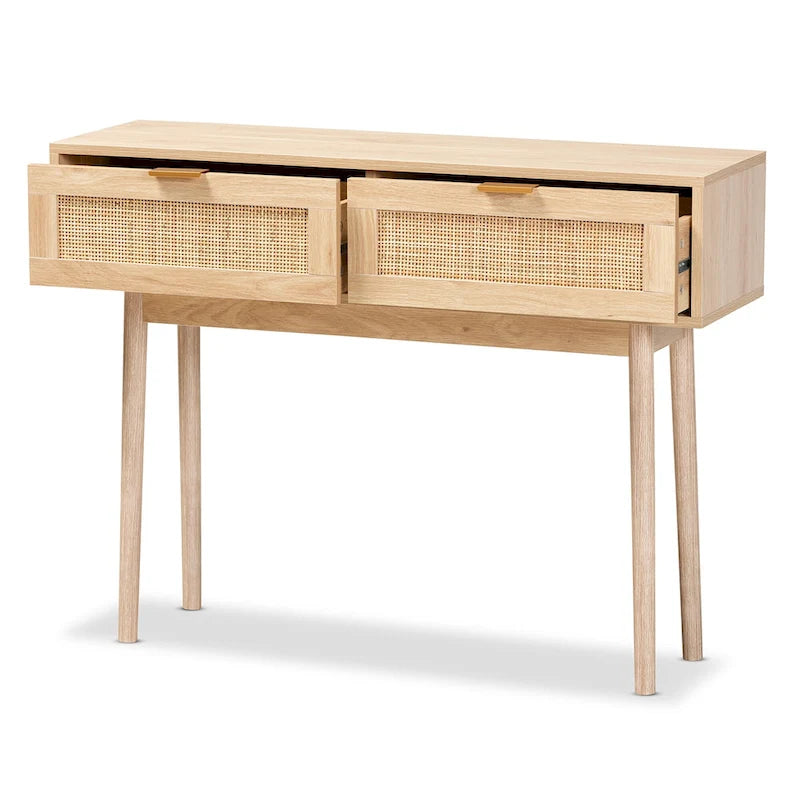 Light oak brown veneer wooden rattan double drawer console table