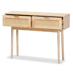 Light oak brown veneer wooden rattan double drawer console table