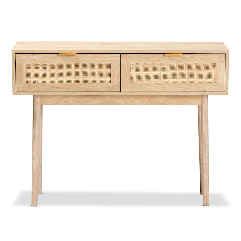 Light oak brown veneer wooden rattan double drawer console table