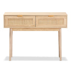 Light oak brown veneer wooden rattan double drawer console table