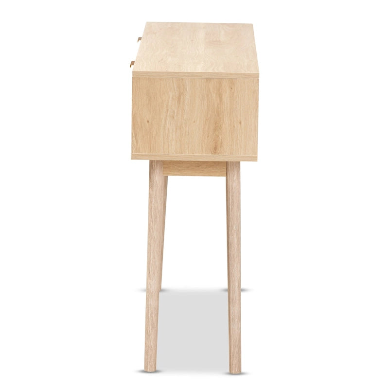 Light oak brown veneer wooden rattan double drawer console table