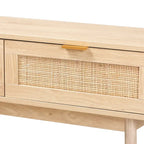 Light oak brown veneer wooden rattan double drawer console table