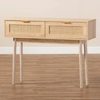 Light oak brown veneer wooden rattan double drawer console table