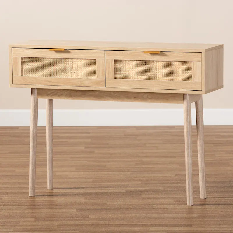 Light oak brown veneer wooden rattan double drawer console table