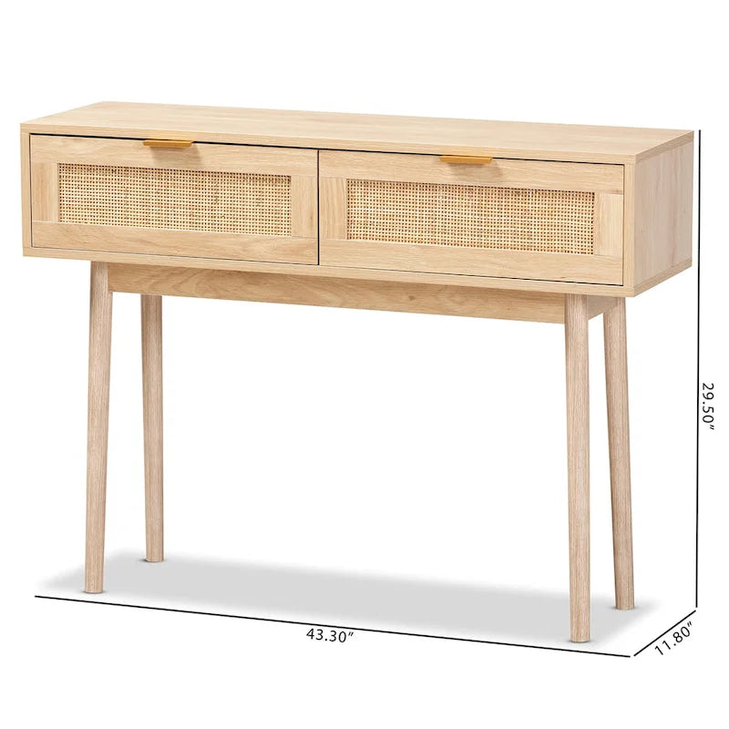 Light oak brown veneer wooden rattan double drawer console table