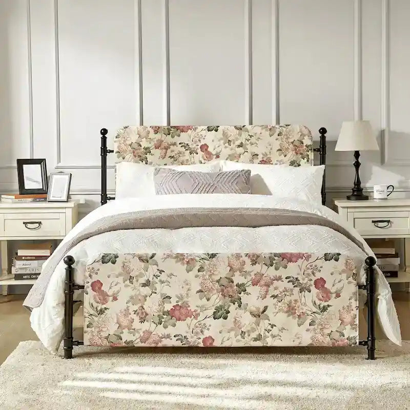 62 Floral Pattern Upholstered Platform Metal Bed Frame with Washable Bed Sheet