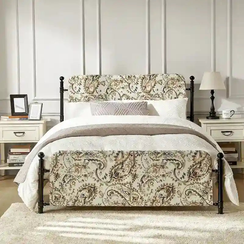 62 Floral Pattern Upholstered Platform Metal Bed Frame with Washable Bed Sheet