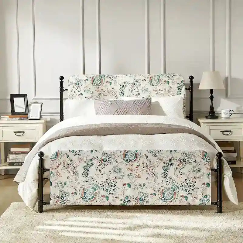 62 Floral Pattern Upholstered Platform Metal Bed Frame with Washable Bed Sheet