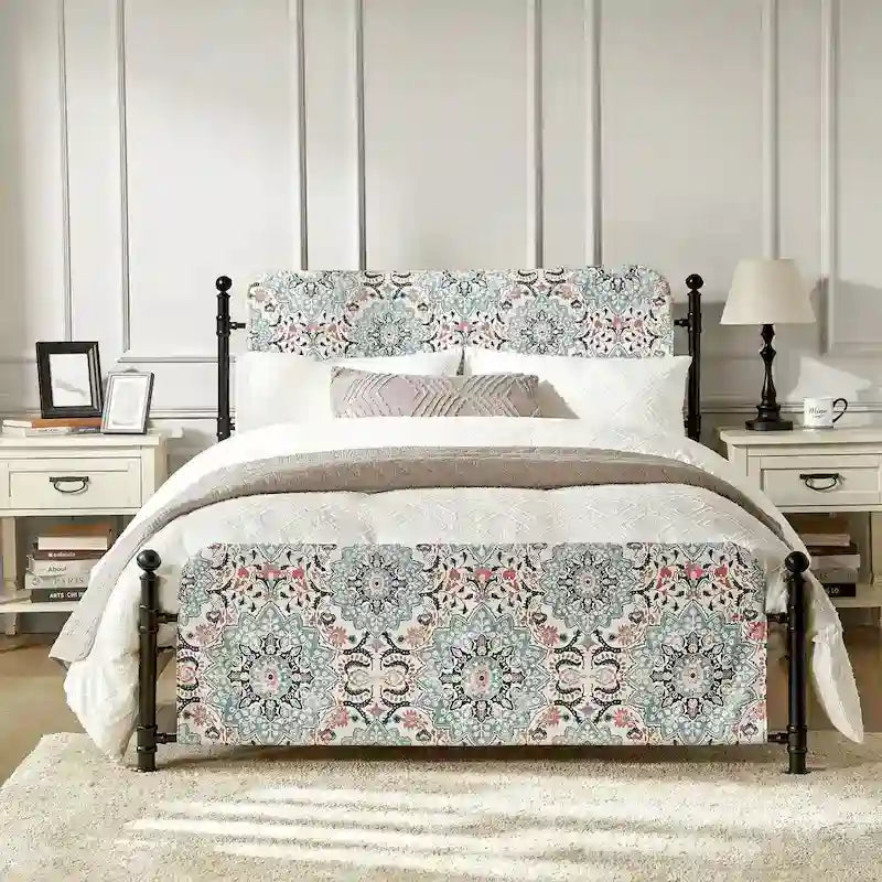 62 Floral Pattern Upholstered Platform Metal Bed Frame with Washable Bed Sheet