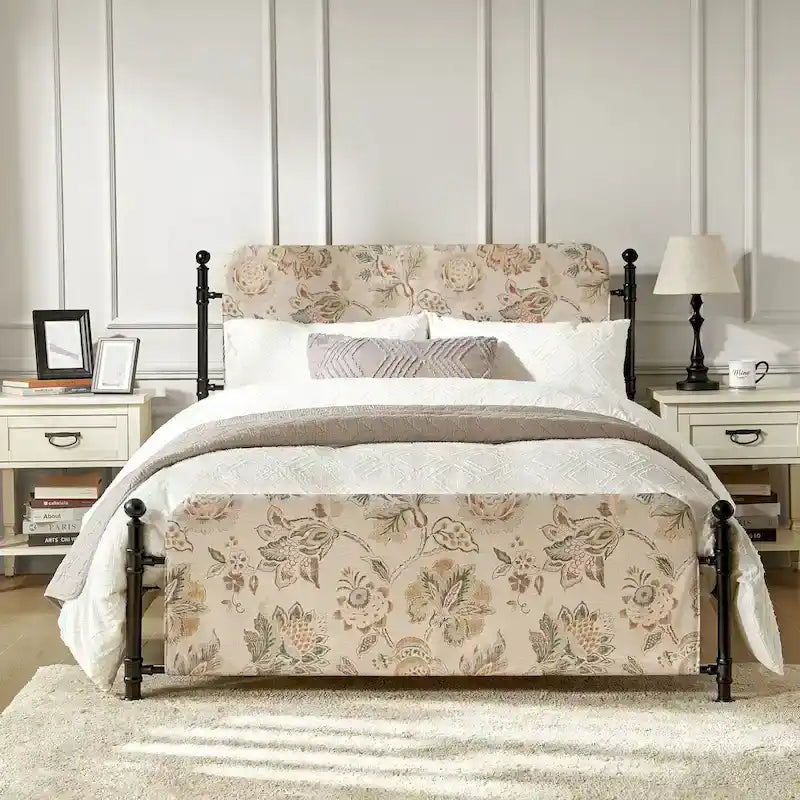 62 Floral Pattern Upholstered Platform Metal Bed Frame with Washable Bed Sheet