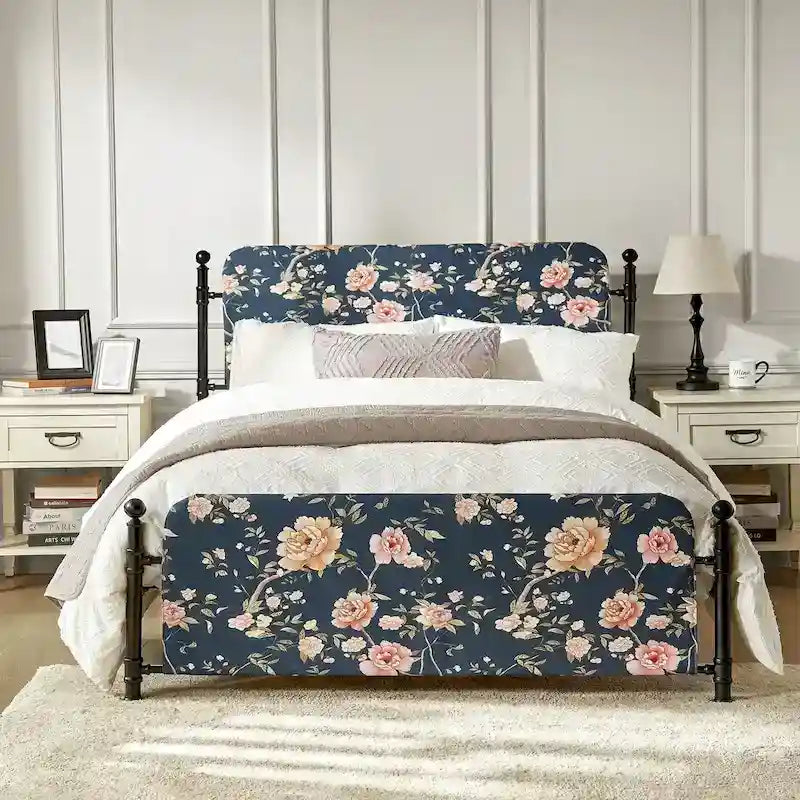 62 Floral Pattern Upholstered Platform Metal Bed Frame with Washable Bed Sheet