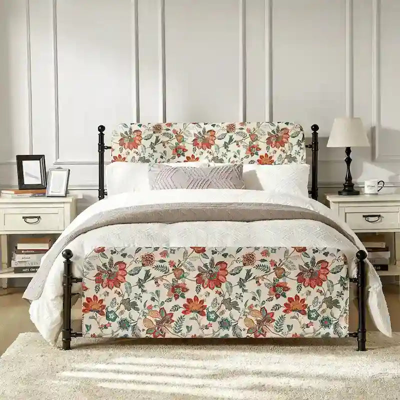 62 Floral Pattern Upholstered Platform Metal Bed Frame with Washable Bed Sheet