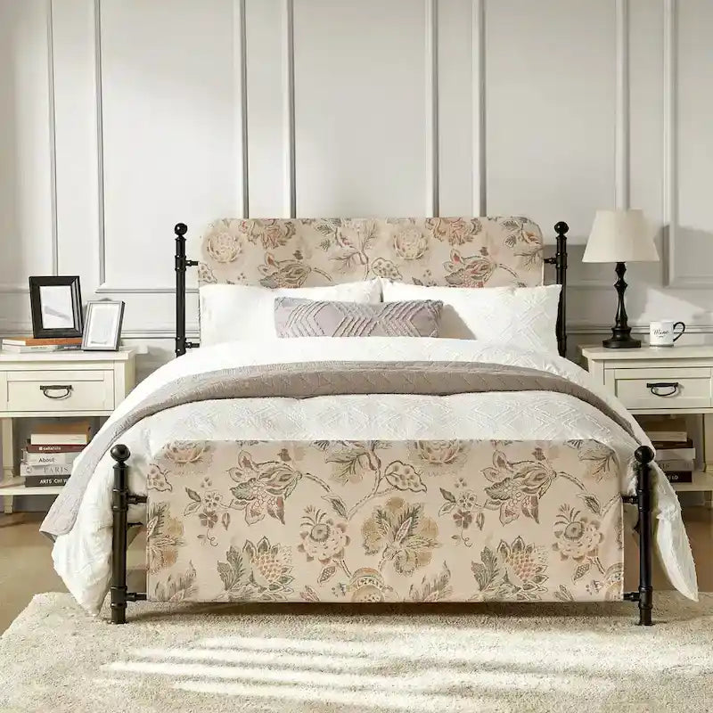 Diana Transitional 62 Floral Upholstered Platform Metal Bed Frame with Washable Slipcover by 
