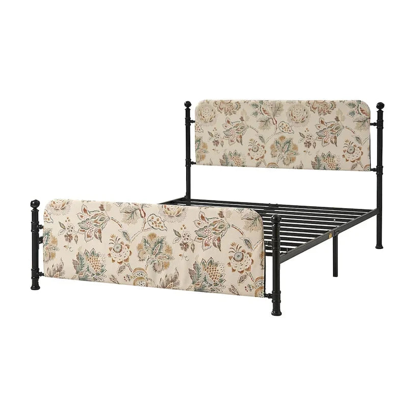 62 Floral Pattern Upholstered Platform Metal Bed Frame with Washable Bed Sheet