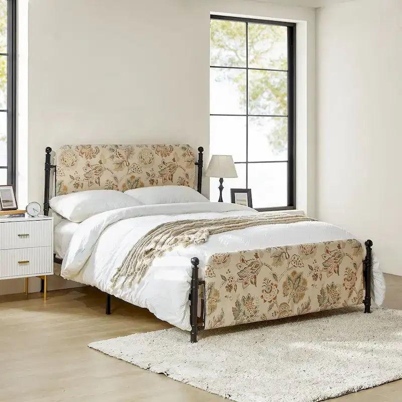 62 Floral Pattern Upholstered Platform Metal Bed Frame with Washable Bed Sheet