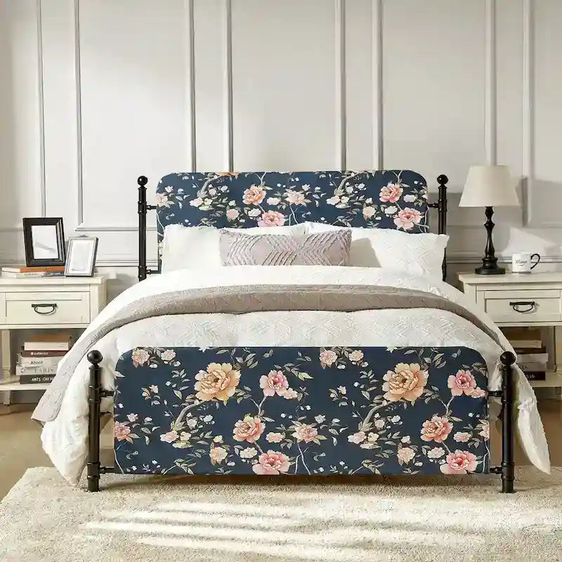 62 Floral Pattern Upholstered Platform Metal Bed Frame with Washable Bed Sheet