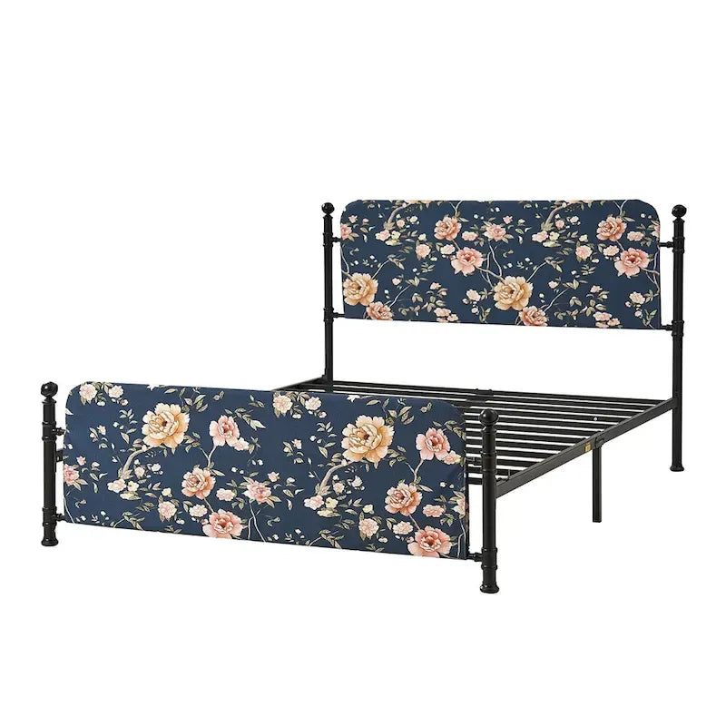 62 Floral Pattern Upholstered Platform Metal Bed Frame with Washable Bed Sheet