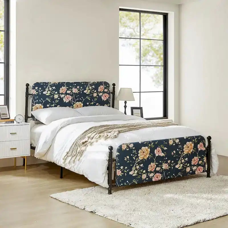 62 Floral Pattern Upholstered Platform Metal Bed Frame with Washable Bed Sheet