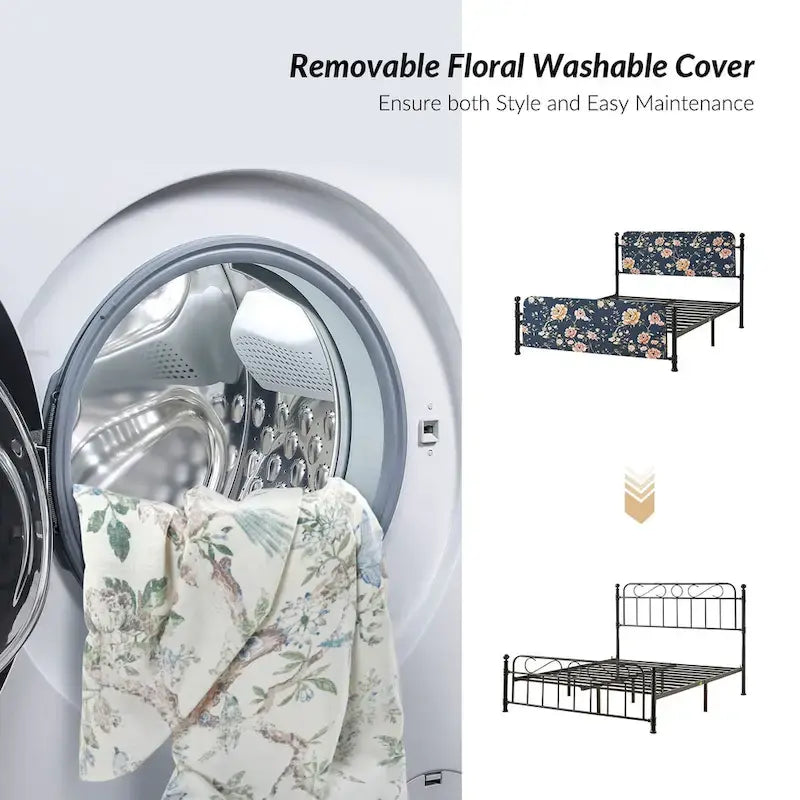 62 Floral Pattern Upholstered Platform Metal Bed Frame with Washable Bed Sheet