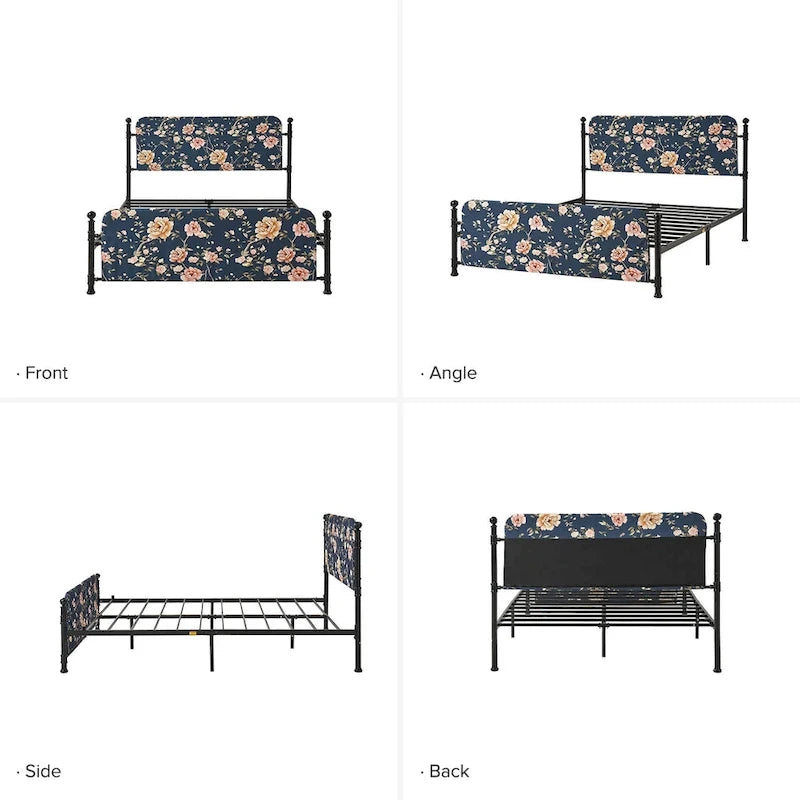 62 Floral Pattern Upholstered Platform Metal Bed Frame with Washable Bed Sheet