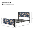 62 Floral Pattern Upholstered Platform Metal Bed Frame with Washable Bed Sheet