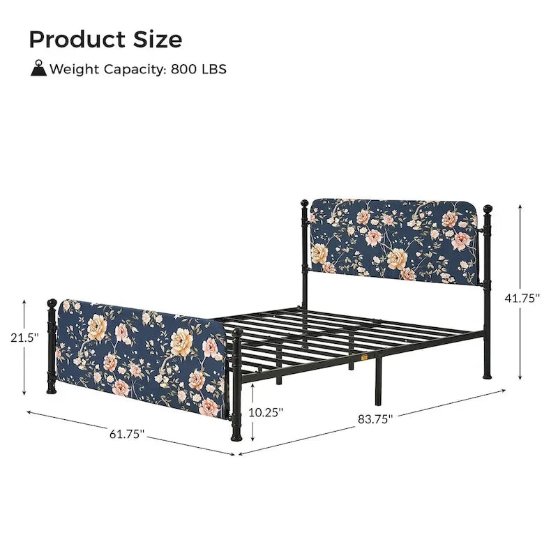 62 Floral Pattern Upholstered Platform Metal Bed Frame with Washable Bed Sheet