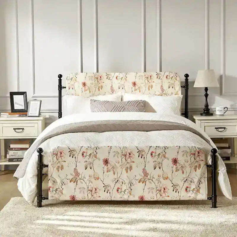 62 Floral Pattern Upholstered Platform Metal Bed Frame with Washable Bed Sheet