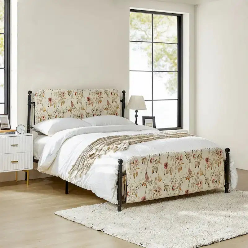 62 Floral Pattern Upholstered Platform Metal Bed Frame with Washable Bed Sheet