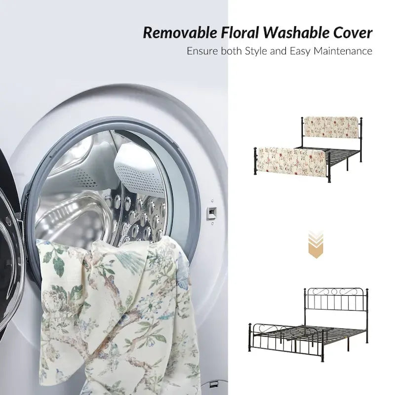 62 Floral Pattern Upholstered Platform Metal Bed Frame with Washable Bed Sheet