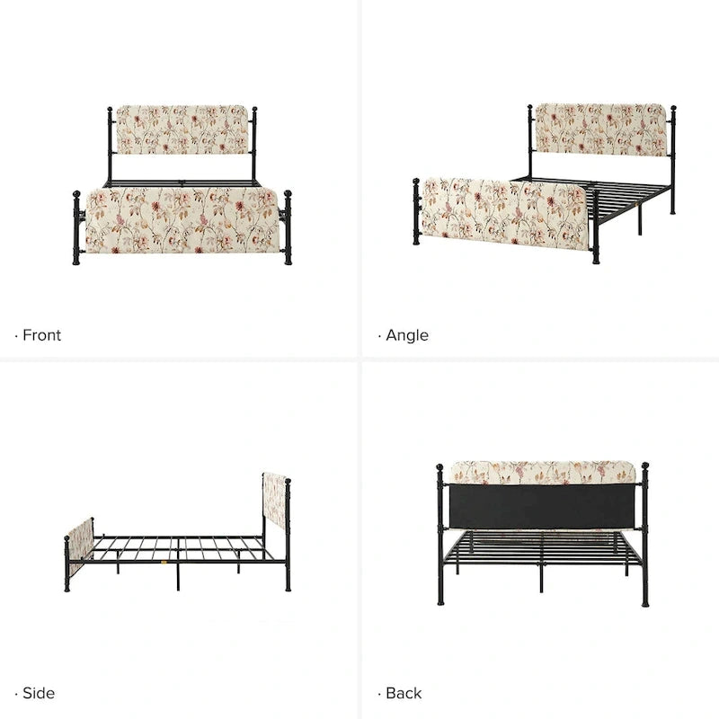 62 Floral Pattern Upholstered Platform Metal Bed Frame with Washable Bed Sheet