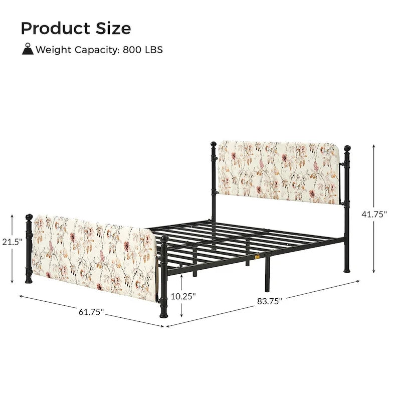 62 Floral Pattern Upholstered Platform Metal Bed Frame with Washable Bed Sheet