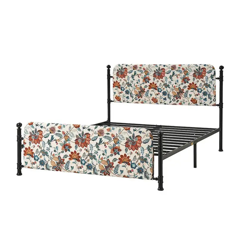 62 Floral Pattern Upholstered Platform Metal Bed Frame with Washable Bed Sheet