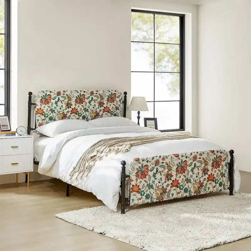 62 Floral Pattern Upholstered Platform Metal Bed Frame with Washable Bed Sheet