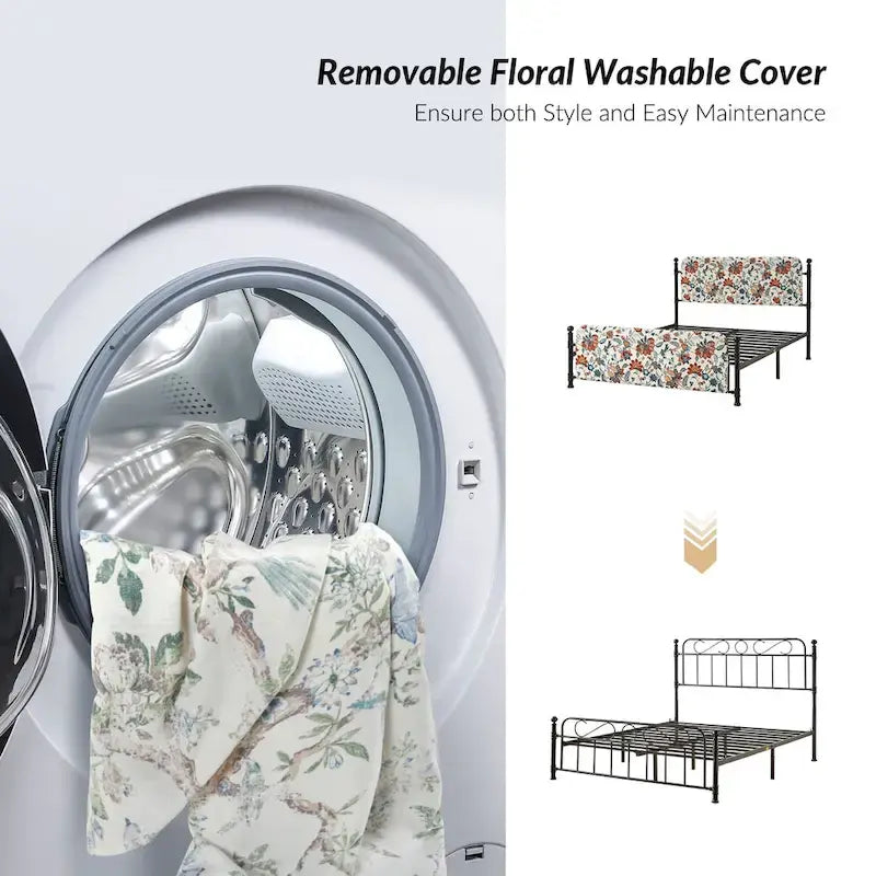 62 Floral Pattern Upholstered Platform Metal Bed Frame with Washable Bed Sheet